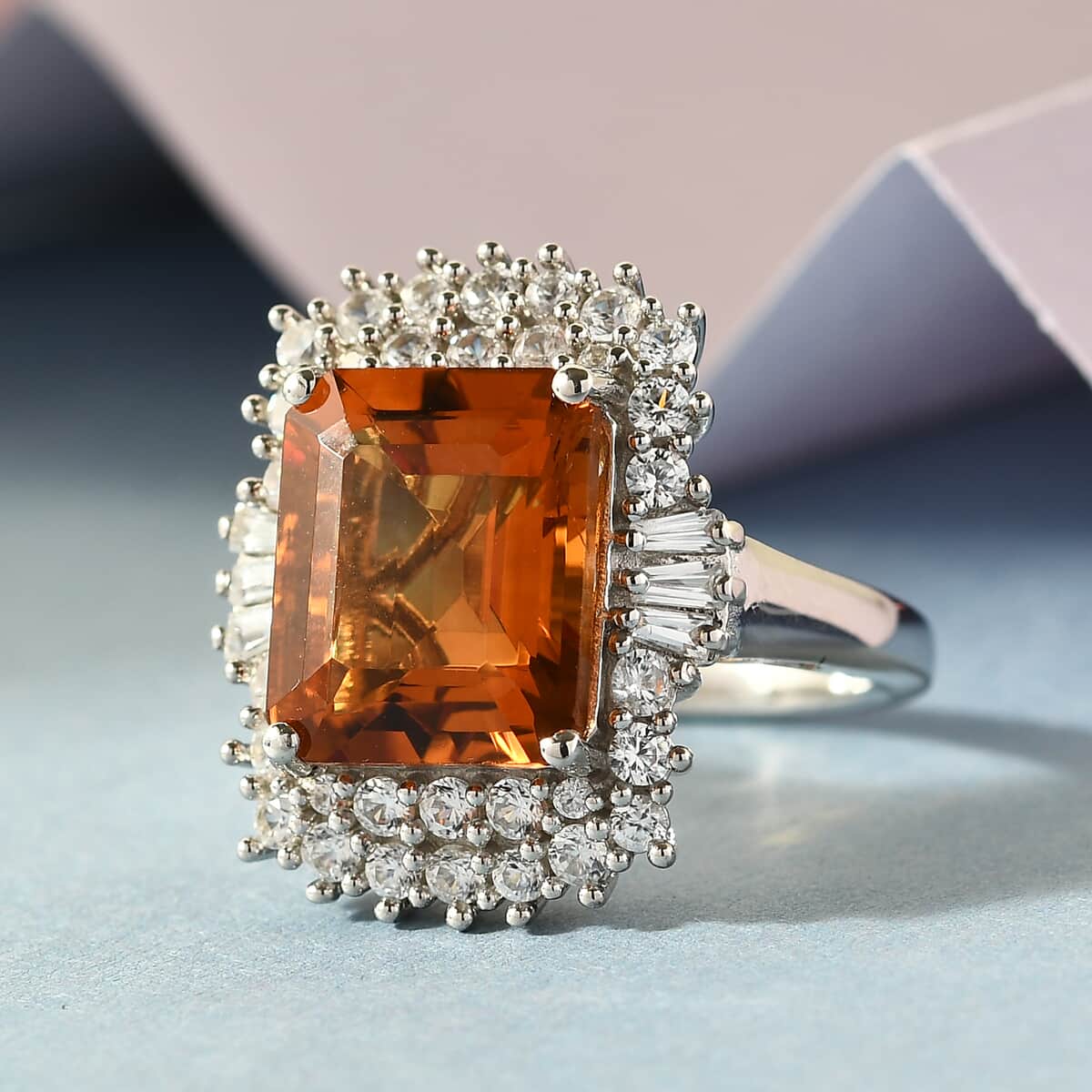 Santa Ana Madeira Citrine and Natural White Zircon Halo Ring in Platinum Over Sterling Silver 7.15 ctw image number 1