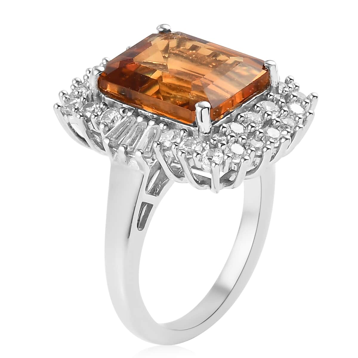Santa Ana Madeira Citrine and Natural White Zircon Halo Ring in Platinum Over Sterling Silver 7.15 ctw image number 3