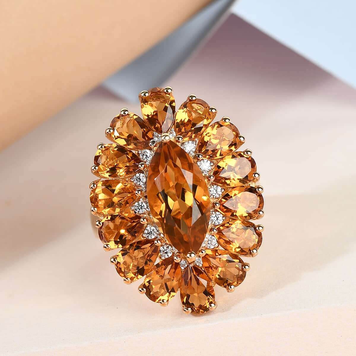 Santa Ana Madeira Citrine and Natural White Zircon Cocktail Ring in Vermeil Yellow Gold Over Sterling Silver (Size 7.0) 8.40 ctw image number 1