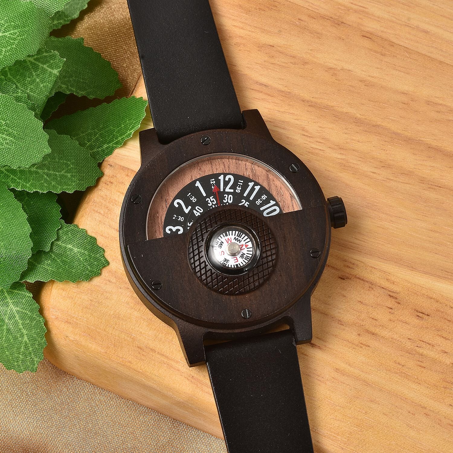 Genoa Miyota Japanese Movement Watch in Black Sandalwood with Black Genuine Leather Strap (46.50mm) (7.5-9.0 Inch)