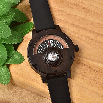 Genoa Miyota Japanese Movement Watch in Black Sandalwood with Black Genuine Leather Strap (46.50mm) (7.5-9.0 Inch)