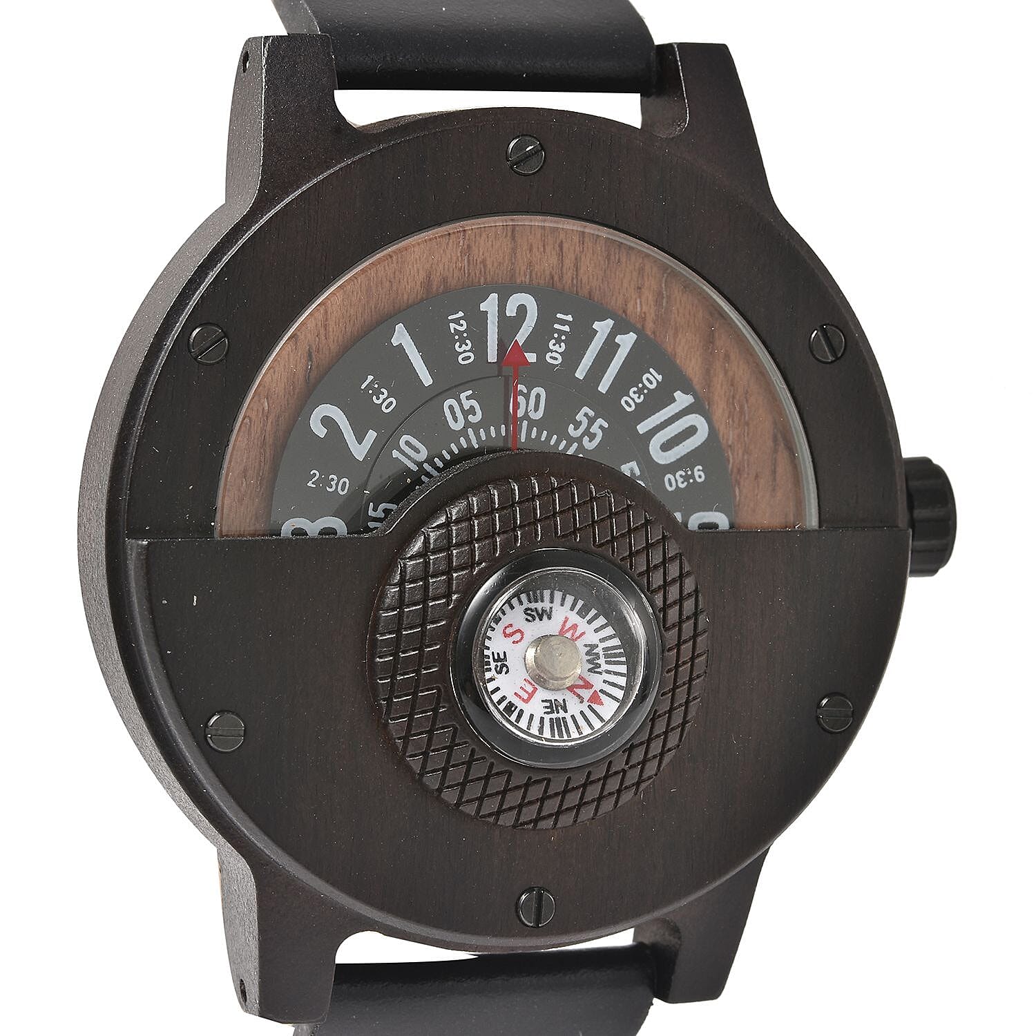 Genoa Miyota Japanese Movement Watch in Black Sandalwood with Black Genuine Leather Strap (46.50mm) (7.5-9.0 Inch)