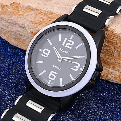 Strada Japanese Movement Railway Track Pattern Watch with Black Silicone Strap