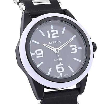 Strada Japanese Movement Railway Track Pattern Watch with Black Silicone Strap