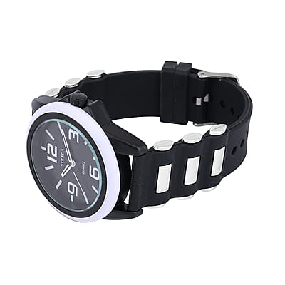 Strada Japanese Movement Railway Track Pattern Watch with Black Silicone Strap