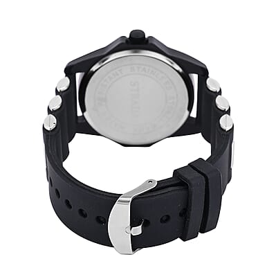 Strada Japanese Movement Railway Track Pattern Watch with Black Silicone Strap