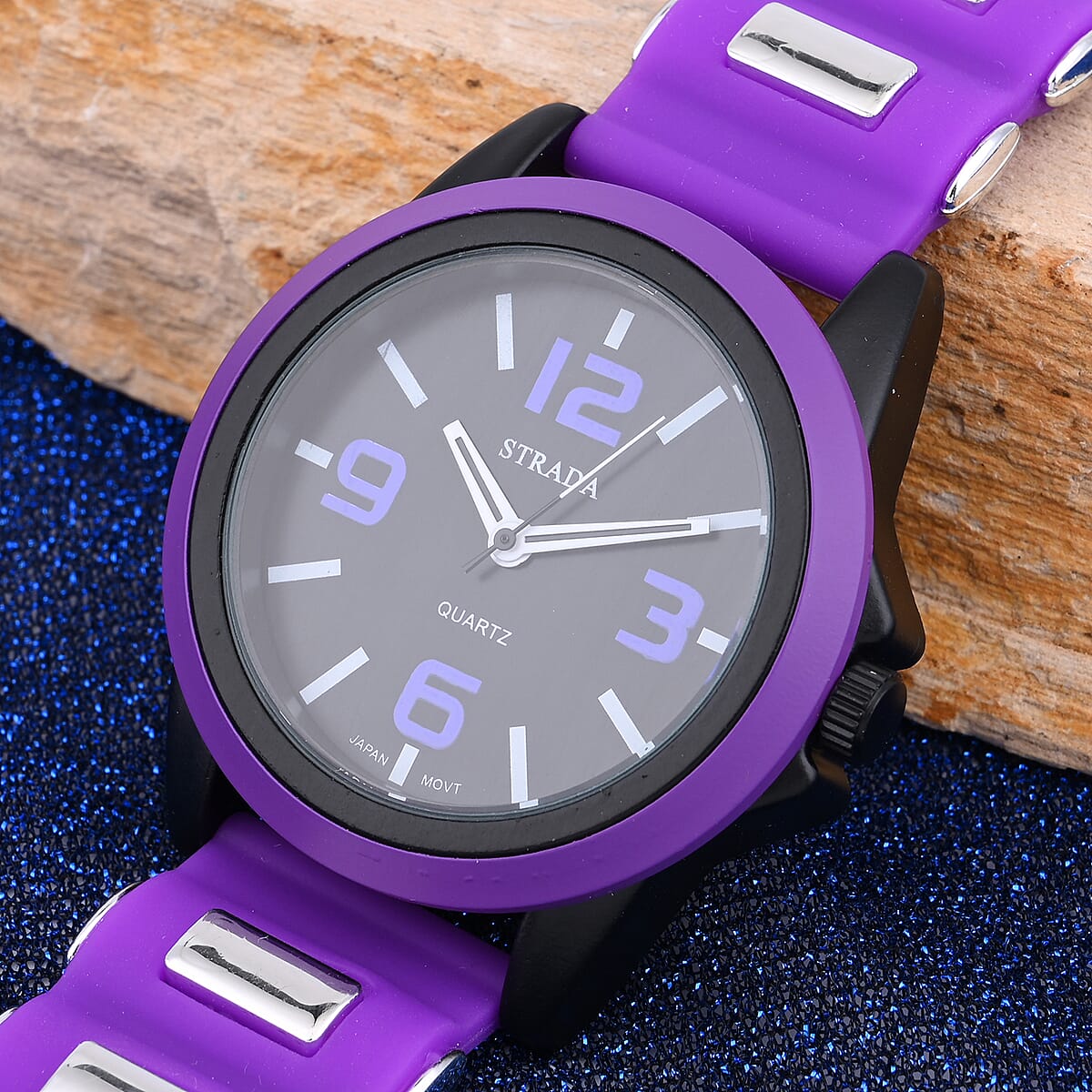 Strada Japanese Movement Railway Track Pattern Watch with Purple Silicone Strap image number 1