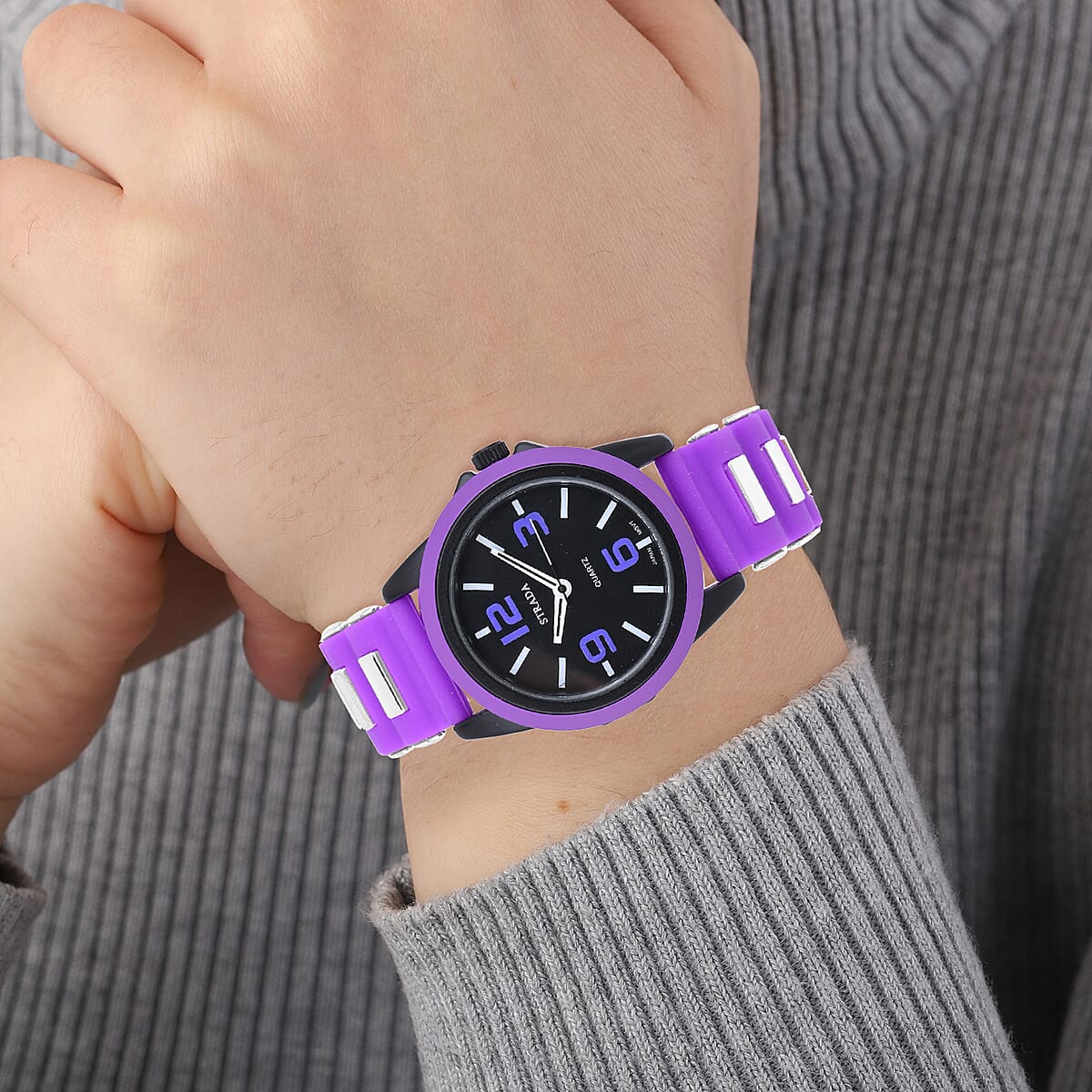 Strada Japanese Movement Railway Track Pattern Watch with Purple Silicone Strap image number 2