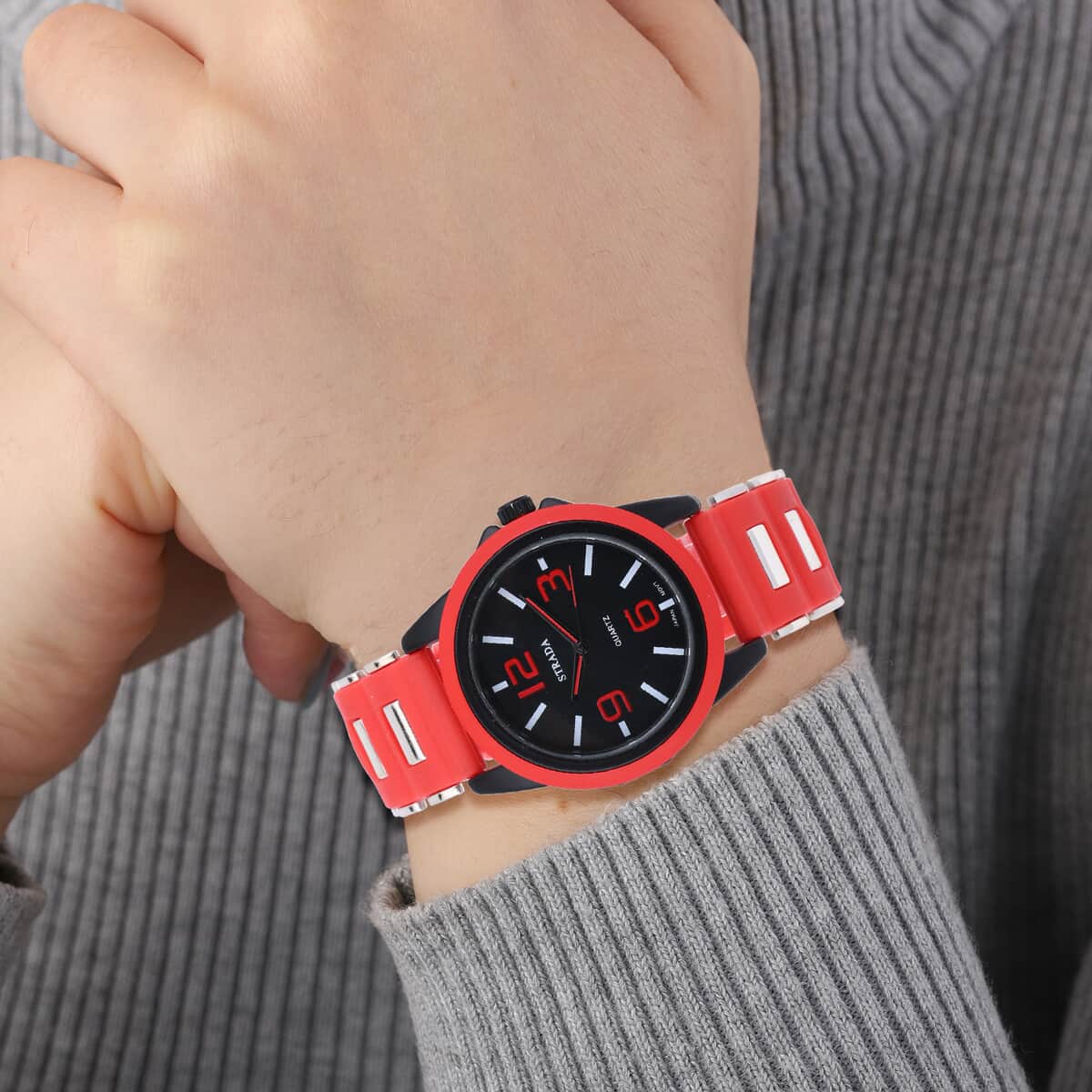 Strada Japanese Movement Railway Track Pattern Watch with Red Silicone Strap image number 2