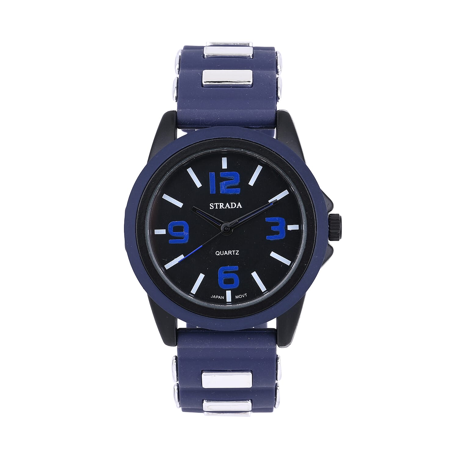 Strada Japanese Movement Railway Track Pattern Watch with Navy Blue Silicone Strap