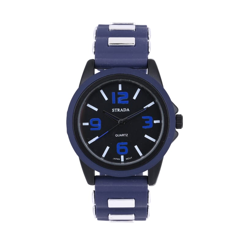 Strada Japanese Movement Railway Track Pattern Watch with Navy Blue Silicone Strap
