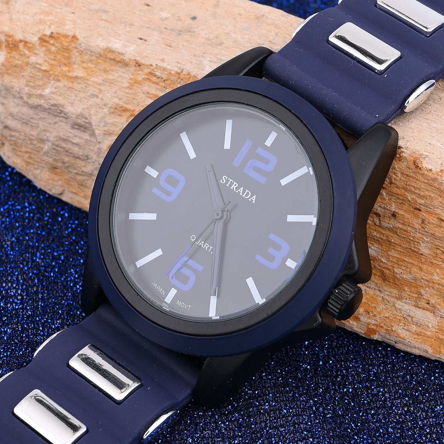 Strada Japanese Movement Railway Track Pattern Watch with Navy Blue Silicone Strap