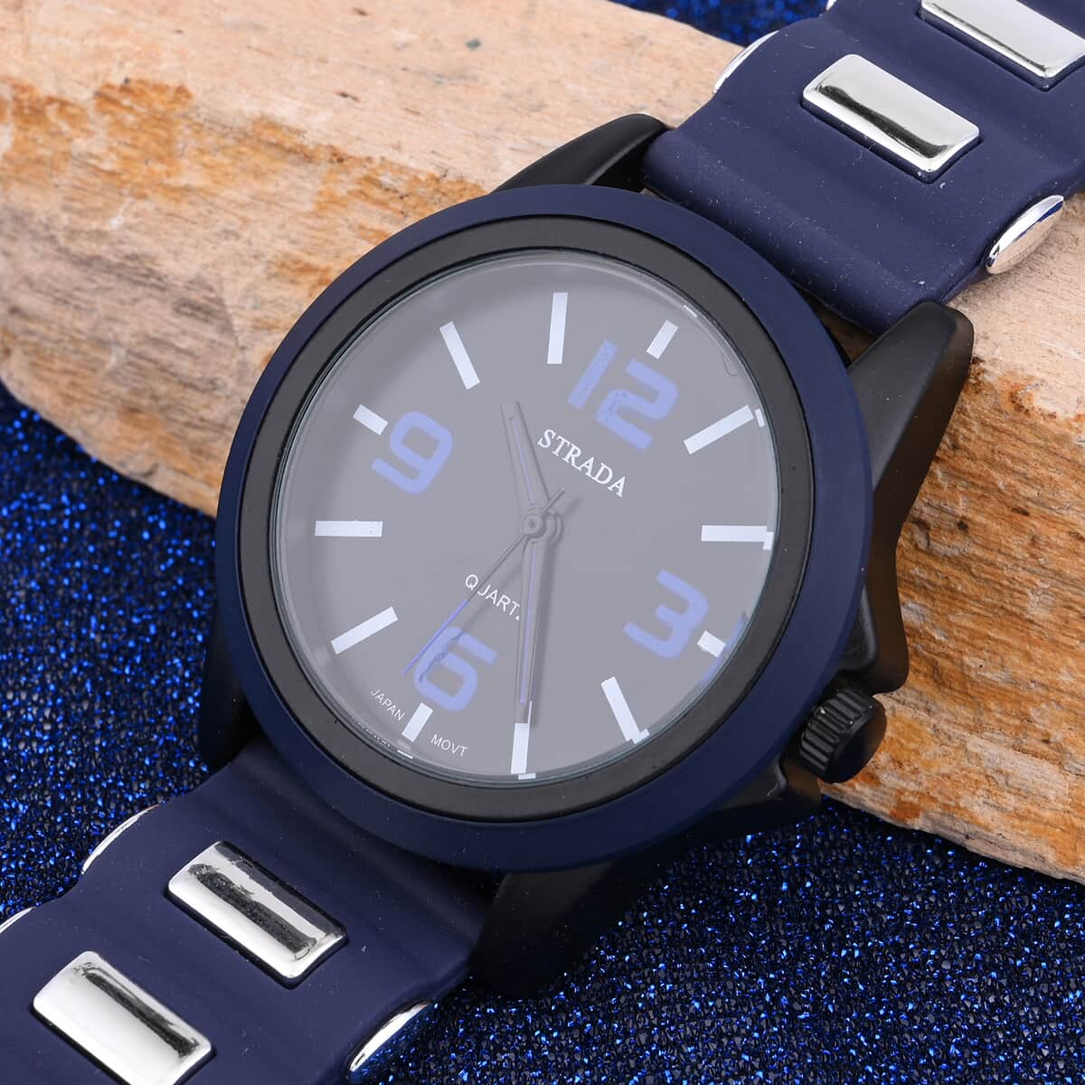 Strada Japanese Movement Railway Track Pattern Watch with Navy Blue Silicone Strap image number 1