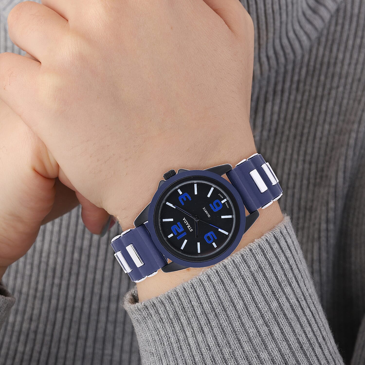 Strada Japanese Movement Railway Track Pattern Watch with Navy Blue Silicone Strap