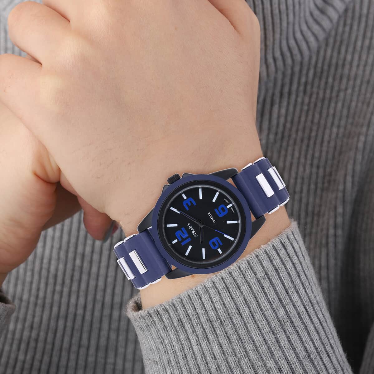 Strada Japanese Movement Railway Track Pattern Watch with Navy Blue Silicone Strap image number 2