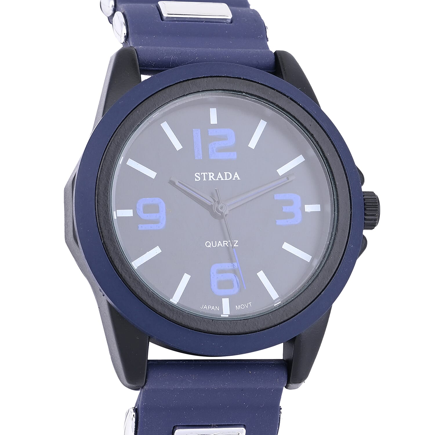 Strada Japanese Movement Railway Track Pattern Watch with Navy Blue Silicone Strap