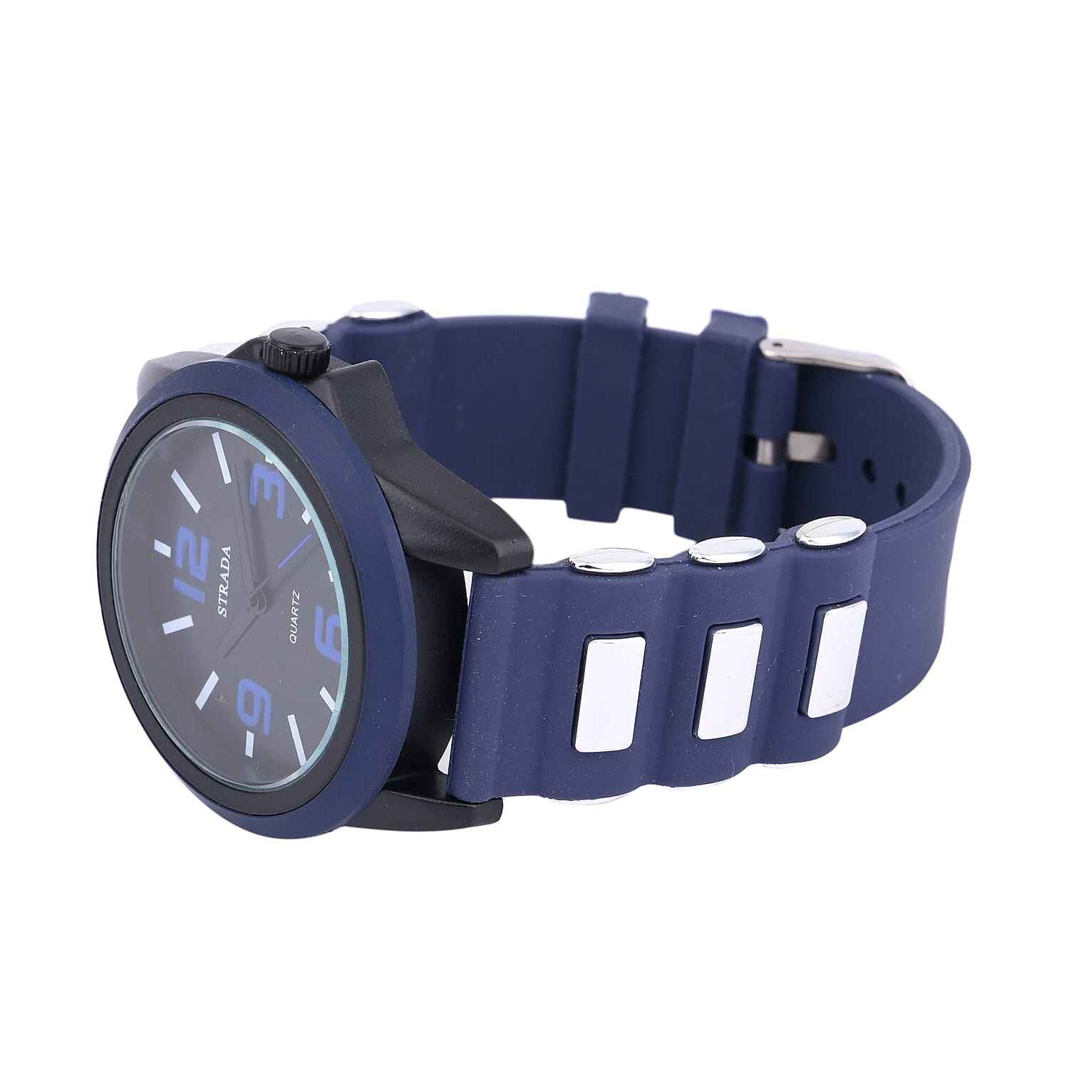 Strada Japanese Movement Railway Track Pattern Watch with Navy Blue Silicone Strap