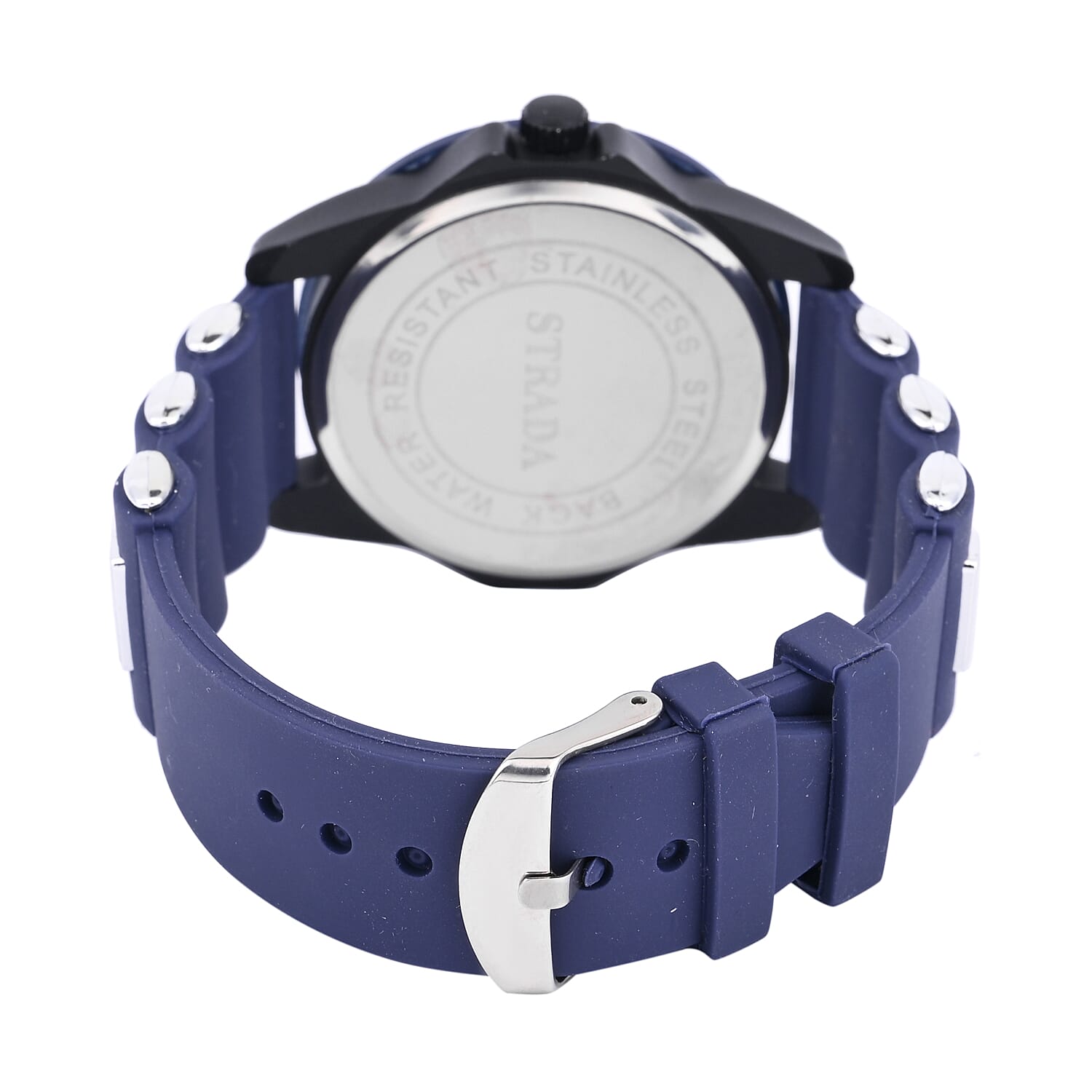 Strada Japanese Movement Railway Track Pattern Watch with Navy Blue Silicone Strap