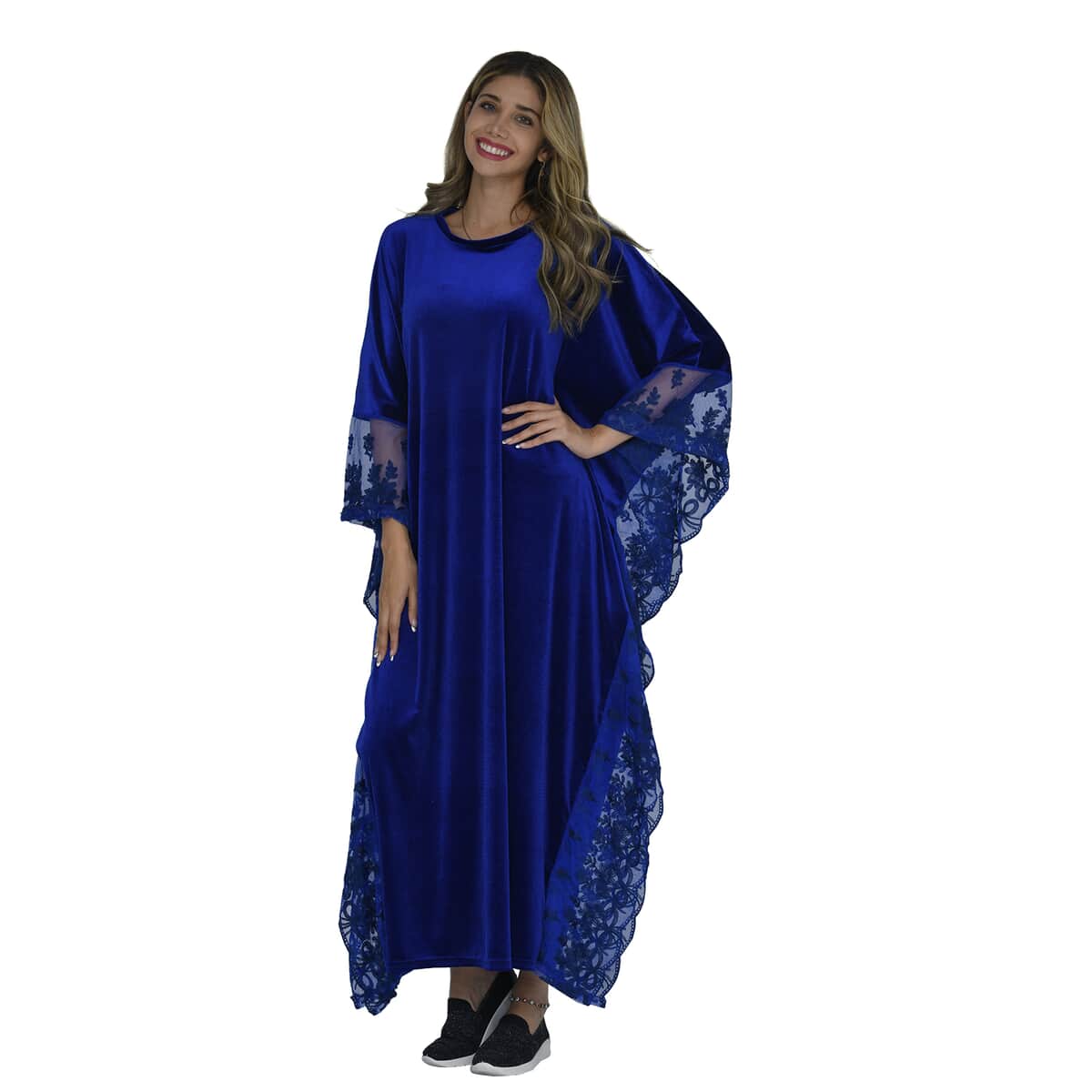 Tamsy Black Label - Lux Stretch Velvet Kaftan with Lace in Royal Blue - One Size Fits Most image number 0