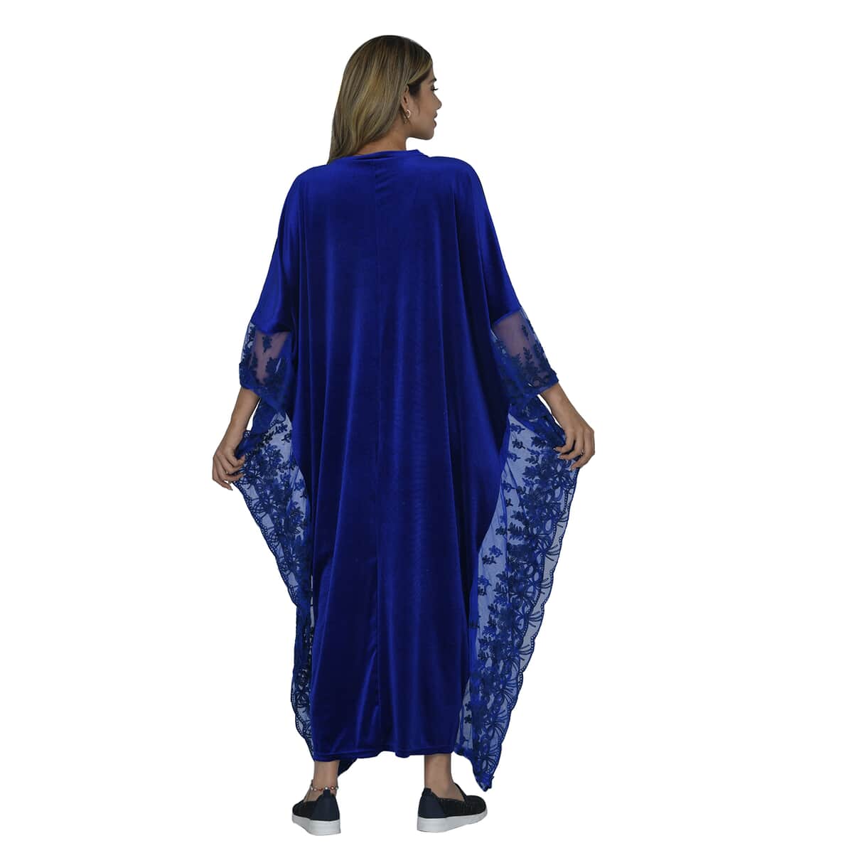 Tamsy Black Label - Lux Stretch Velvet Kaftan with Lace in Royal Blue - One Size Fits Most image number 1