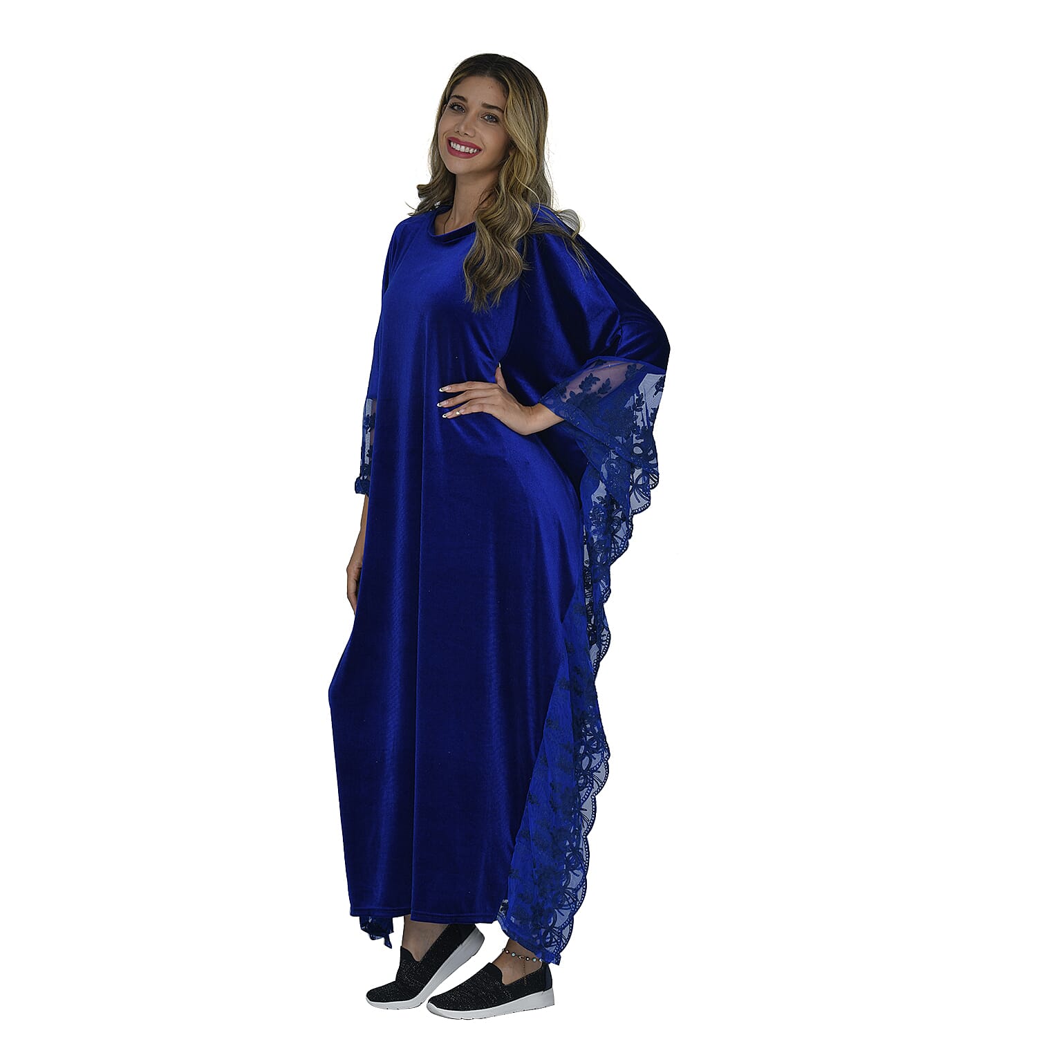 Tamsy Black Label - Lux Stretch Velvet Kaftan with Lace in Royal Blue - One Size Fits Most