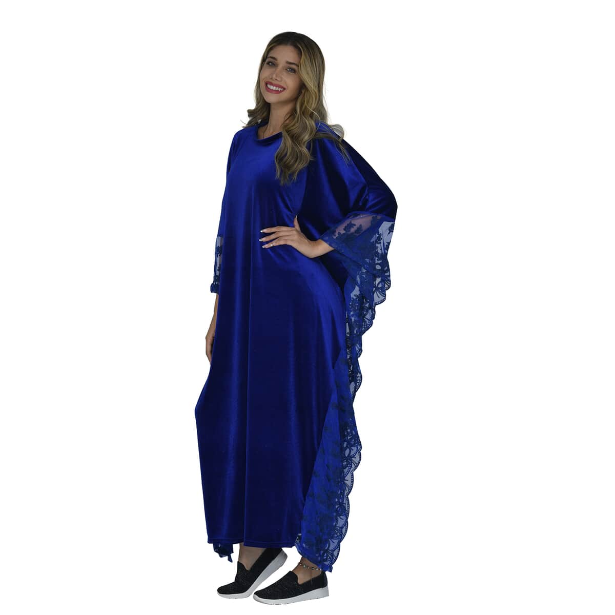 Tamsy Black Label - Lux Stretch Velvet Kaftan with Lace in Royal Blue - One Size Fits Most image number 2
