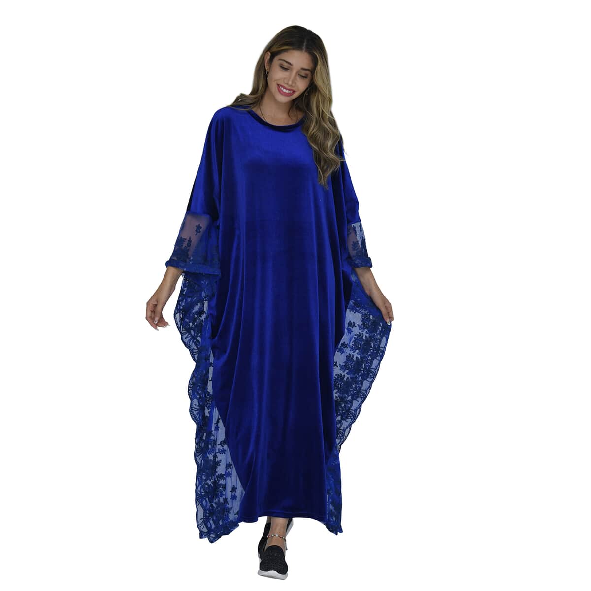 Tamsy Black Label - Lux Stretch Velvet Kaftan with Lace in Royal Blue - One Size Fits Most image number 3