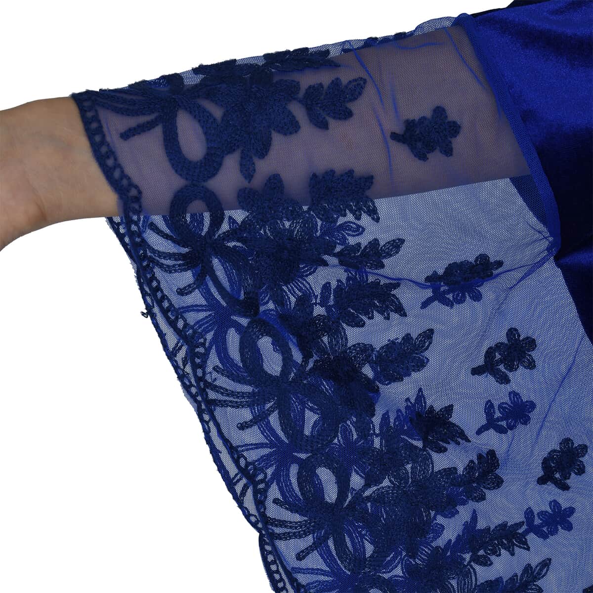 Tamsy Black Label - Lux Stretch Velvet Kaftan with Lace in Royal Blue - One Size Fits Most image number 4