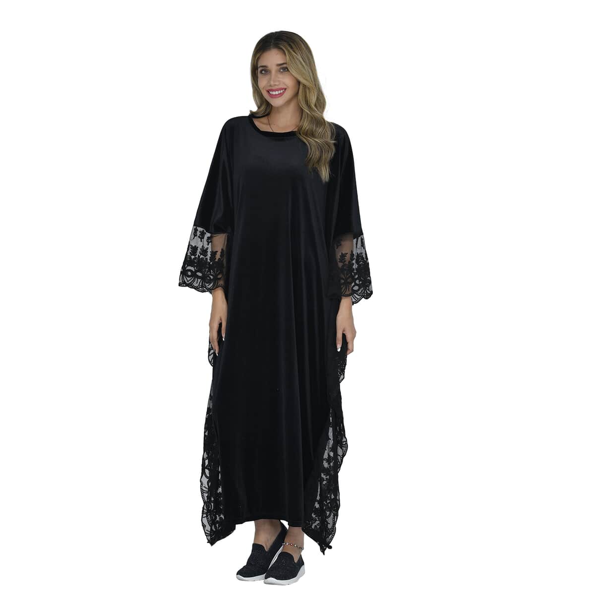 Tamsy Black Label - Lux Stretch Velvet Kaftan with Lace in Black - One Size Fits Most image number 0
