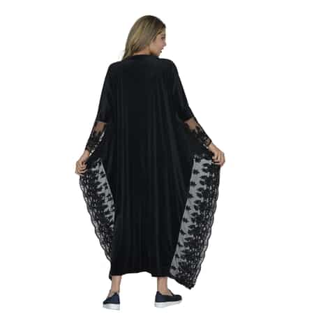Tamsy Black Label - Lux Stretch Velvet Kaftan with Lace in Black - One Size Fits Most image number 1