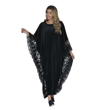Tamsy Black Label - Lux Stretch Velvet Kaftan with Lace in Black - One Size Fits Most image number 3