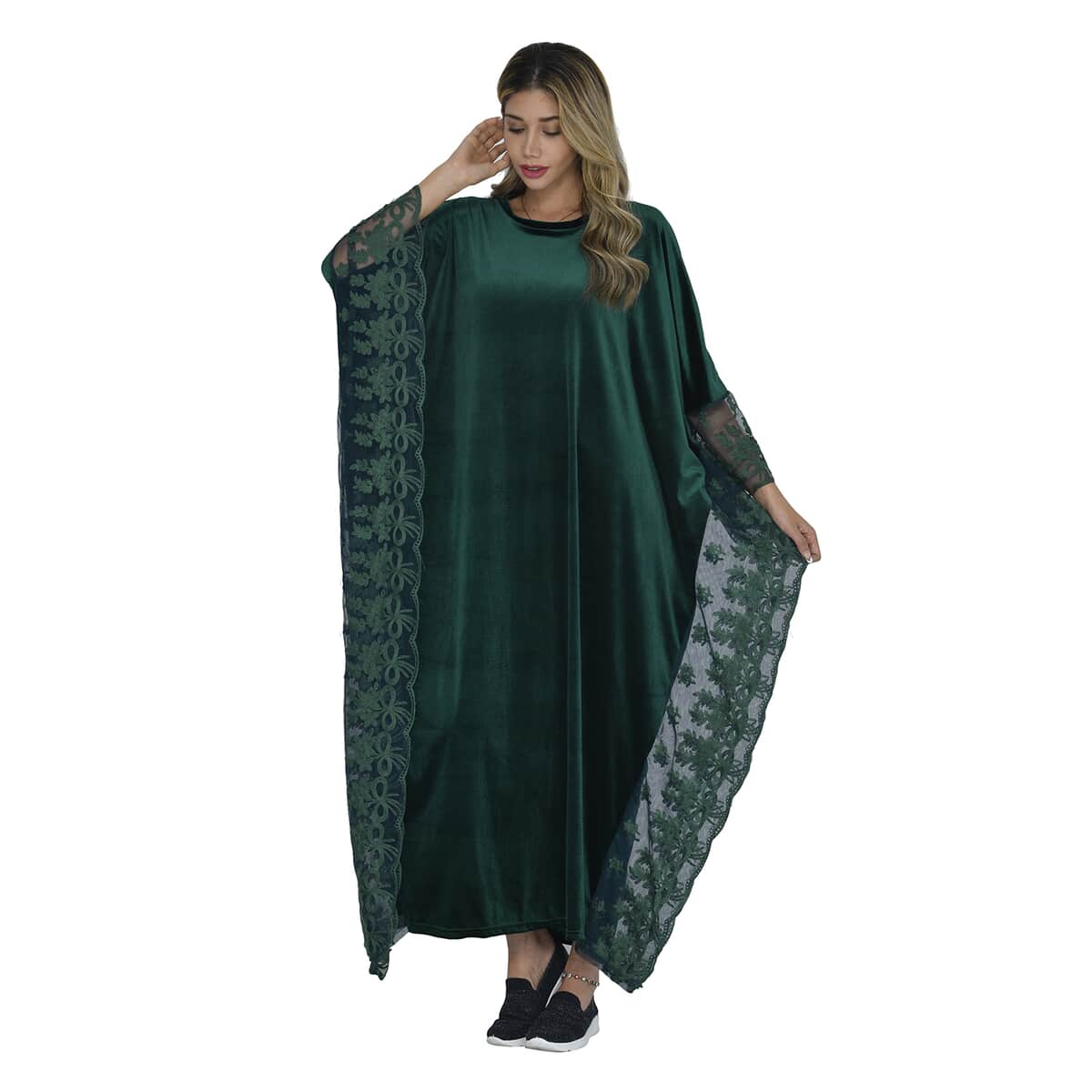 Tamsy Black Label - Lux Stretch Velvet Kaftan with Lace in Emerald Green - One Size Fits Most image number 0