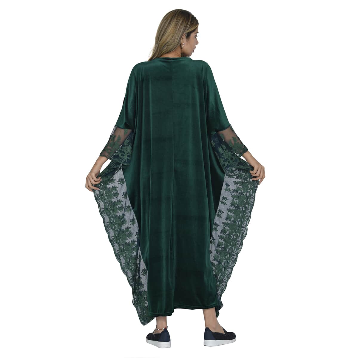 Tamsy Black Label - Lux Stretch Velvet Kaftan with Lace in Emerald Green - One Size Fits Most image number 1