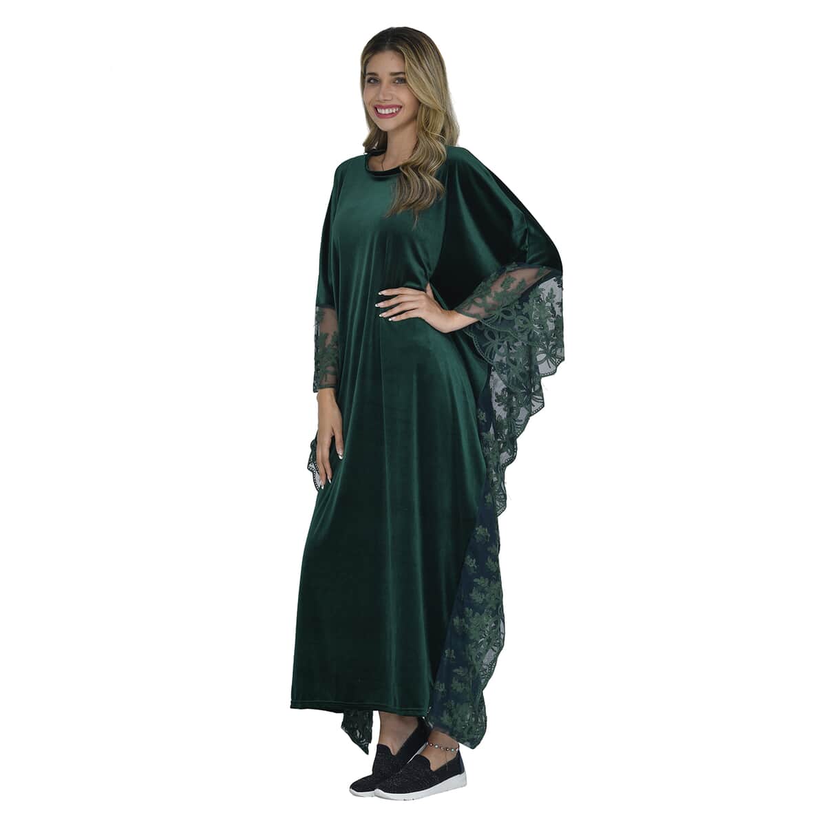 Tamsy Black Label - Lux Stretch Velvet Kaftan with Lace in Emerald Green - One Size Fits Most image number 2