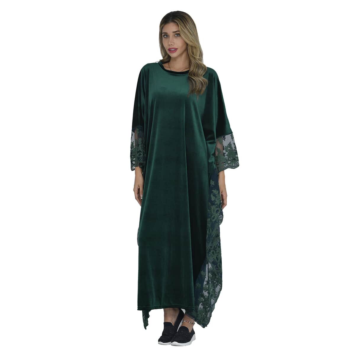 Tamsy Black Label - Lux Stretch Velvet Kaftan with Lace in Emerald Green - One Size Fits Most image number 3