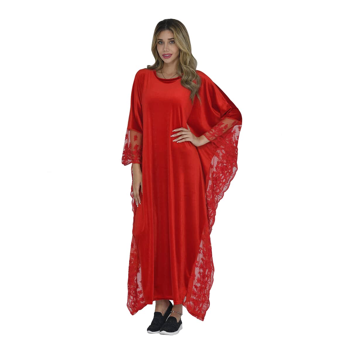 Tamsy Black Label - Lux Stretch Velvet Kaftan with Lace in Red - One Size Fits Most image number 0