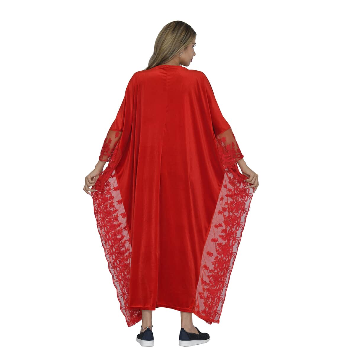 Tamsy Black Label - Lux Stretch Velvet Kaftan with Lace in Red - One Size Fits Most image number 1