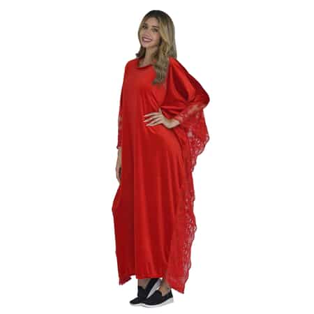 Tamsy Black Label - Lux Stretch Velvet Kaftan with Lace in Red - One Size Fits Most image number 2