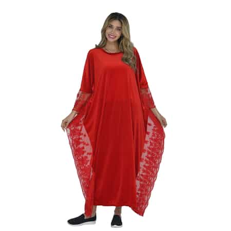 Tamsy Black Label - Lux Stretch Velvet Kaftan with Lace in Red - One Size Fits Most image number 3