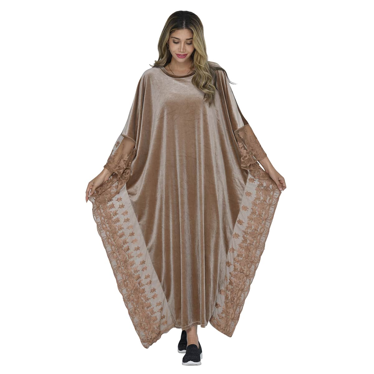 Tamsy Black Label - Lux Stretch Velvet Kaftan with Lace in Caramel - One Size Fits Most image number 0