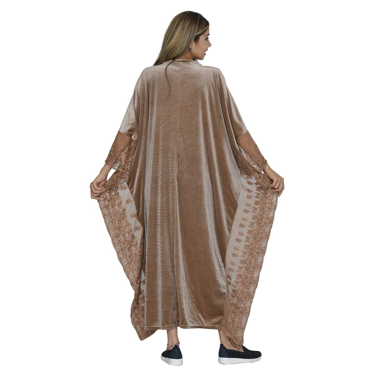 Tamsy Black Label - Lux Stretch Velvet Kaftan with Lace in Caramel - One Size Fits Most image number 1