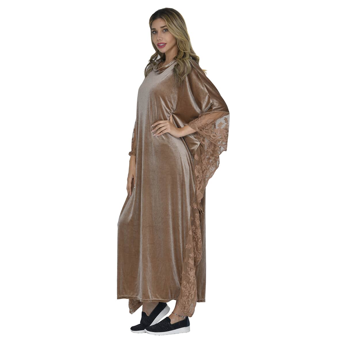 Tamsy Black Label - Lux Stretch Velvet Kaftan with Lace in Caramel - One Size Fits Most image number 2