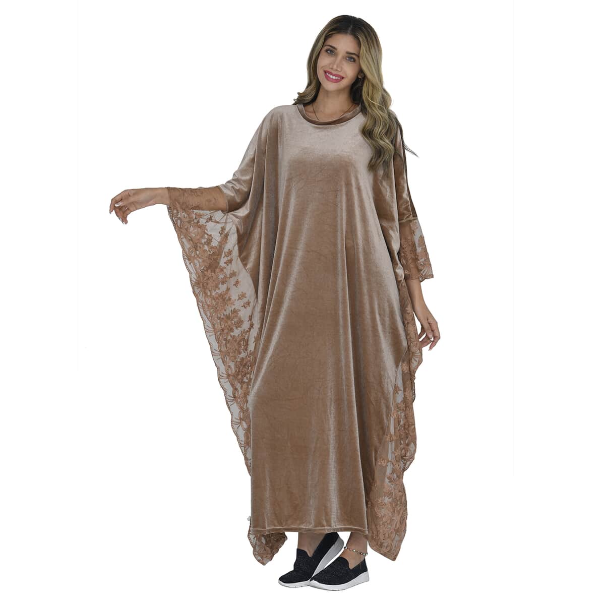 Tamsy Black Label - Lux Stretch Velvet Kaftan with Lace in Caramel - One Size Fits Most image number 3