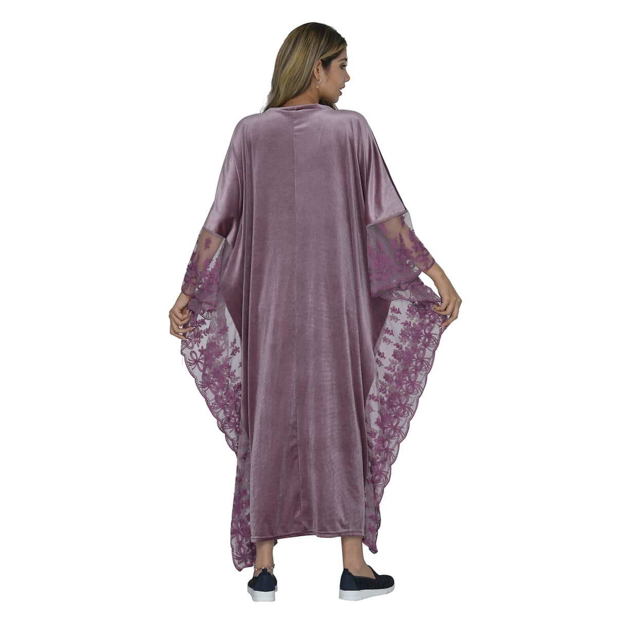 Tamsy Black Label - Lux Stretch Velvet Kaftan with Lace in Vintage Rose - One Size Fits Most image number 1