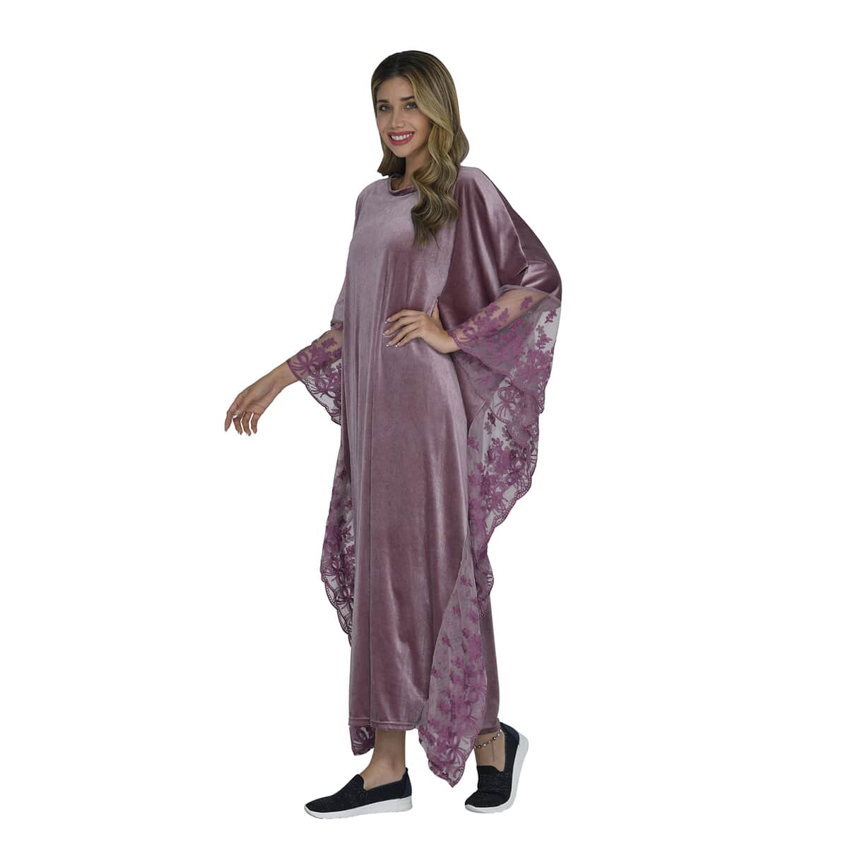 Tamsy Black Label - Lux Stretch Velvet Kaftan with Lace in Vintage Rose - One Size Fits Most image number 2