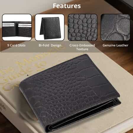 UNION CODE Black Croco Embossed Genuine Leather RFID Bi Fold Men's Wallet image number 3