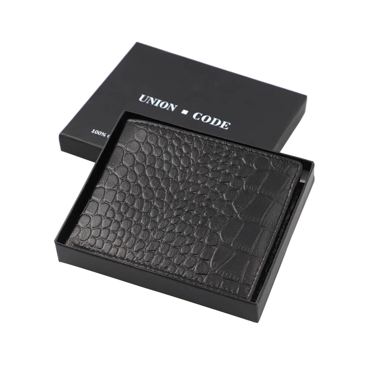 UNION CODE Black Croco Embossed Genuine Leather RFID Bi Fold Men's Wallet image number 6