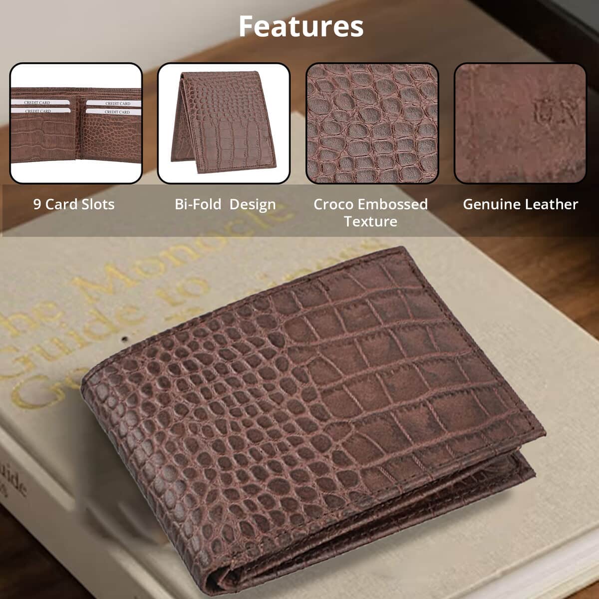 UNION CODE Brown Croco Embossed Genuine Leather RFID Bi Fold Men's Wallet , Leather Card Holder Travel Wallet , Leather Purse for Men image number 2