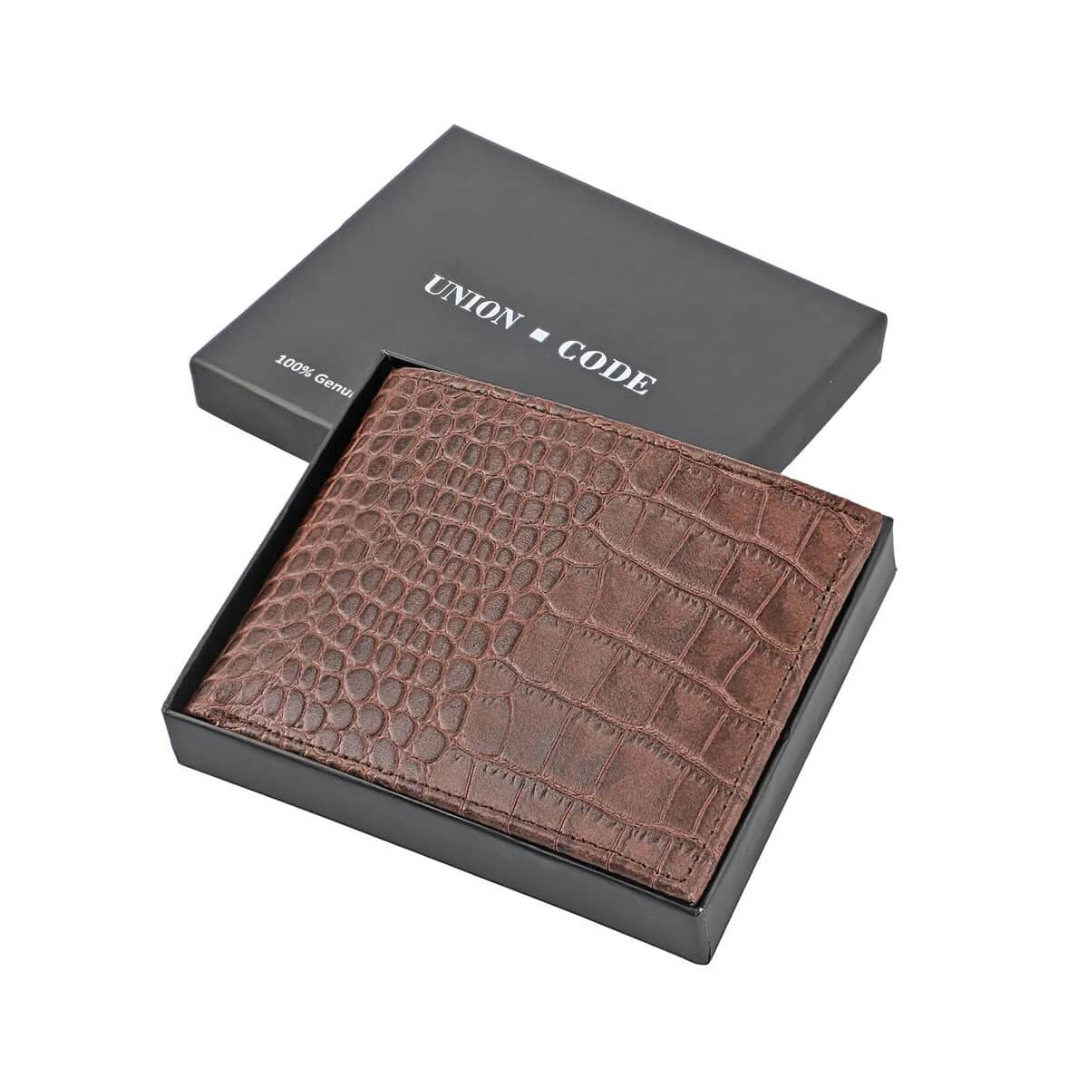 UNION CODE Brown Croco Embossed Genuine Leather RFID Bi Fold Men's Wallet , Leather Card Holder Travel Wallet , Leather Purse for Men image number 6