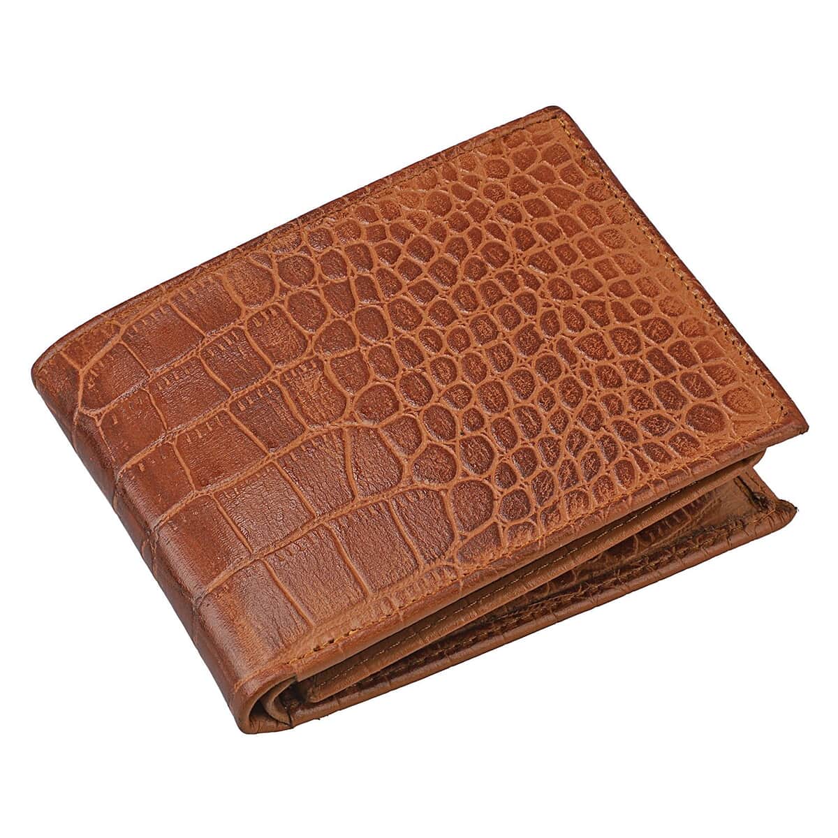 UNION CODE Tan Croco Embossed Genuine Leather RFID Bi Fold Men's Wallet | Leather Card Holder Travel Wallet | Leather Purse for Men image number 0